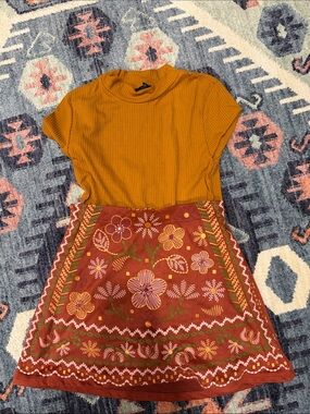 Amy Byer Mustard Ribbed Top with Rust Floral Embroidered Skirt-worn twice